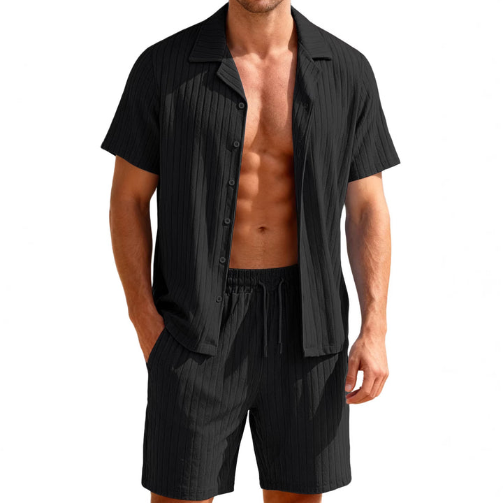 Herren nan geripptes Feinstrick-Lounge-Set mit kurzärmligem Revershemd und Kordelshorts Echo Archiv