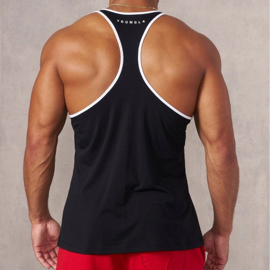 Herren nan athletisches Stringer Tanktop rückenfreier Schnitt mit Kontrastpaspel und Kraftsportmotiv Echo Archiv