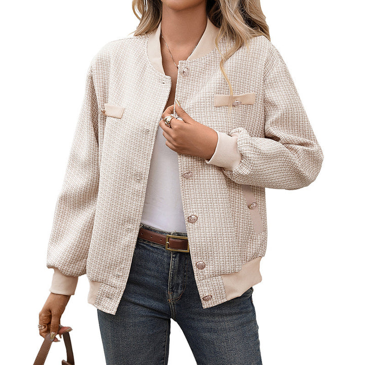 Damen Tweed-Bomberjacke mit Rippbündchen, Zierpaspel und Schmuckknöpfen – Avenza