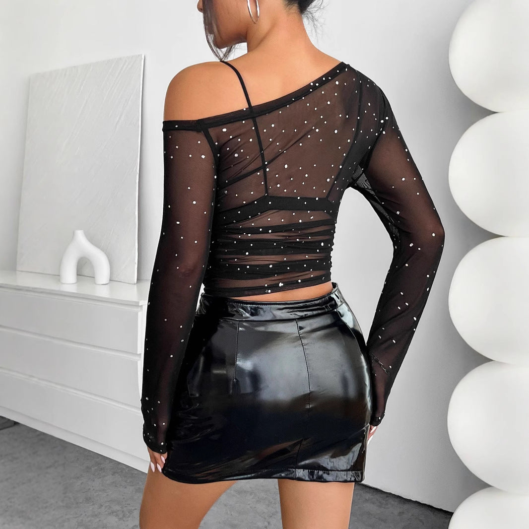 Damen nan asymmetrisches Mesh-Crop-Top mit integriertem Bustier, Raffung und Strassbesatz Echo Archiv