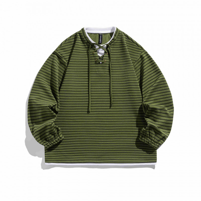 Unisex Gestreifter Oversize-Pullover mit Schnürkragen und Strukturstrick Echo Archiv