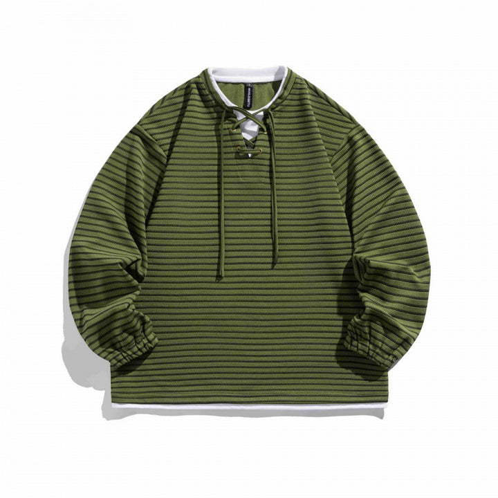 Unisex Gestreifter Oversize-Pullover mit Schnürkragen und Strukturstrick Echo Archiv