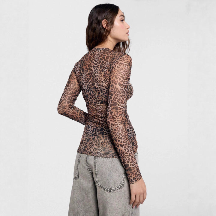Damen nan figurnahes Netz-Longsleeve mit Leopardenmuster und seitlicher Raffung Echo Archiv