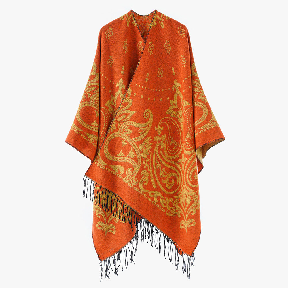 Damen Opulenter Jacquard‑Poncho im Kaftan‑Stil mit Fransen und Paisley‑Relief Echo Archiv