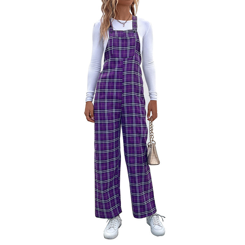 Damen Lässiger Karierter Jumpsuit mit breitem Bein und verstellbaren Trägern Echo Archiv
