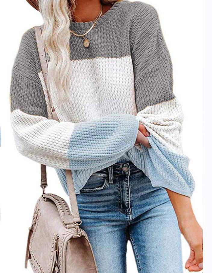 Damen Oversize Colorblock Strickpullover mit Ballonärmeln Echoarchiv