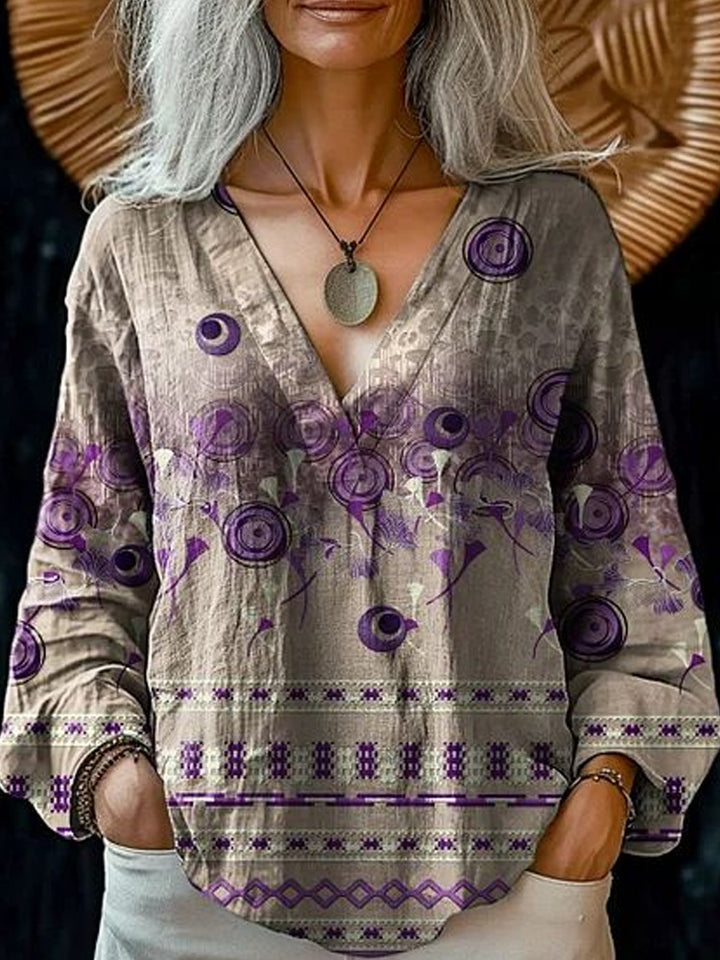 Damen Boho-Leinenmischung Tunika-Bluse mit V-Ausschnitt und floraler Aquarellstickerei – Élovi