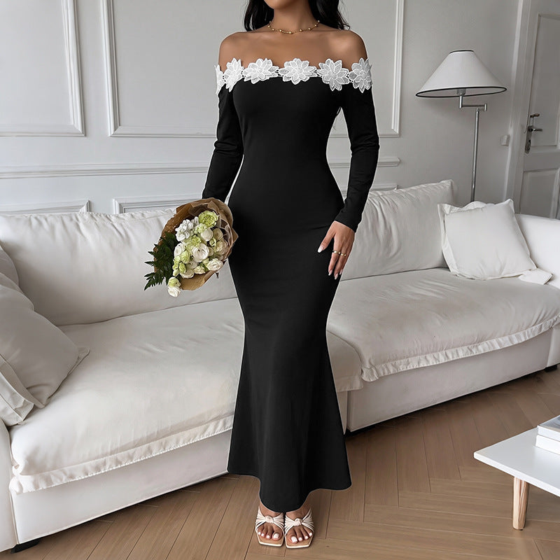 Damen Elegantes Off-Shoulder Maxikleid mit Spitzeneinsätzen Echo Archiv
