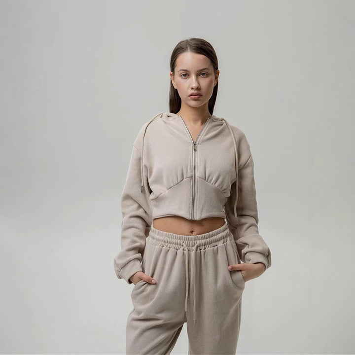 Damen nan zweiteiliges Cropped Hoodie-Set mit weitem Bundhose-Schnitt und tailliertem Reißverschluss Echo Archiv