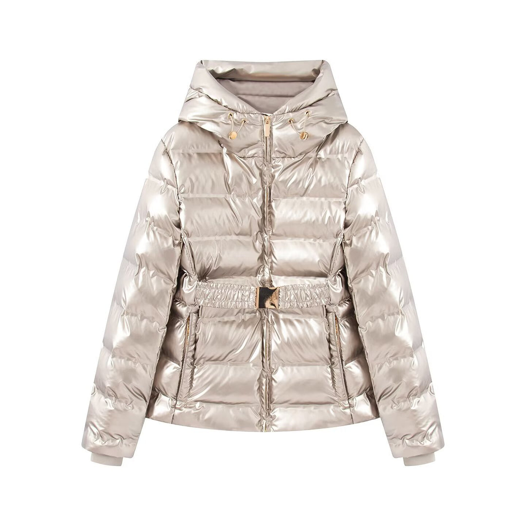 Damen Glänzende Daunenoptik-Steppjacke mit Kapuze und tailliertem Zugbandgürtel Echo Archiv