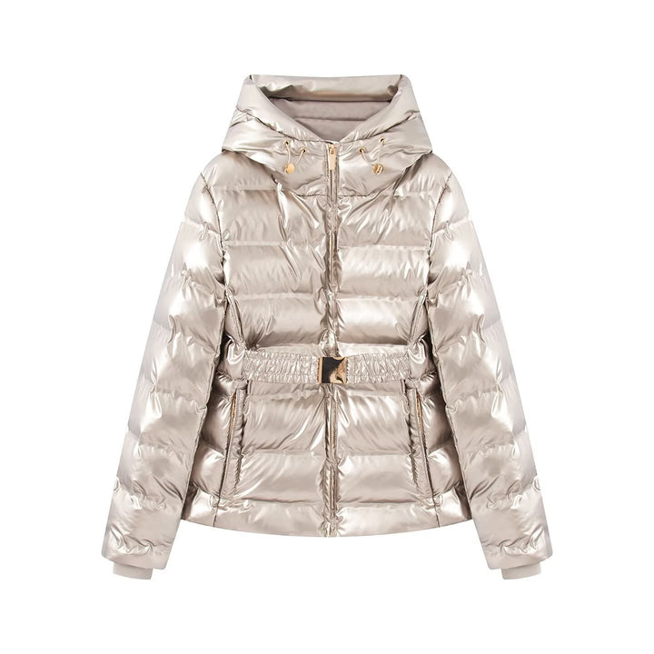 Damen Glänzende Daunenoptik-Steppjacke mit Kapuze und tailliertem Zugbandgürtel Echo Archiv