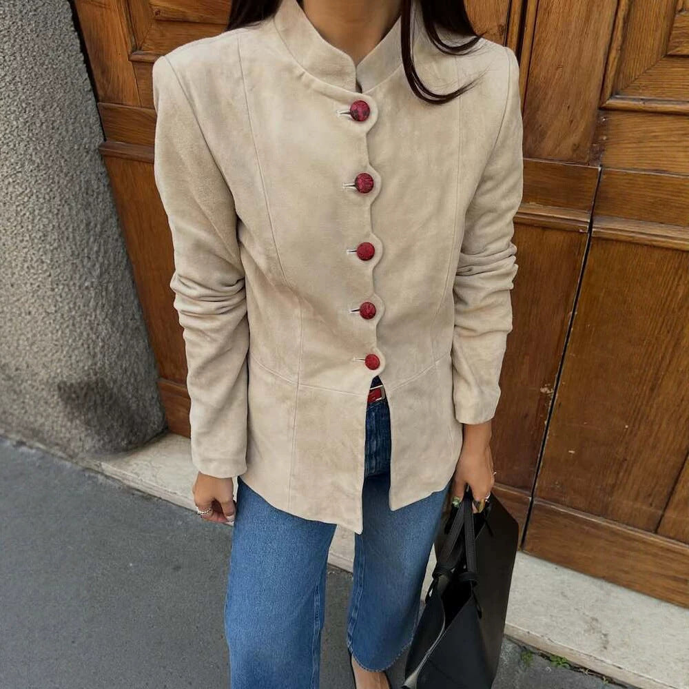 Damen Taillierter Wildleder-Blazer mit Stehkragen und Zierknöpfen Echoarchiv