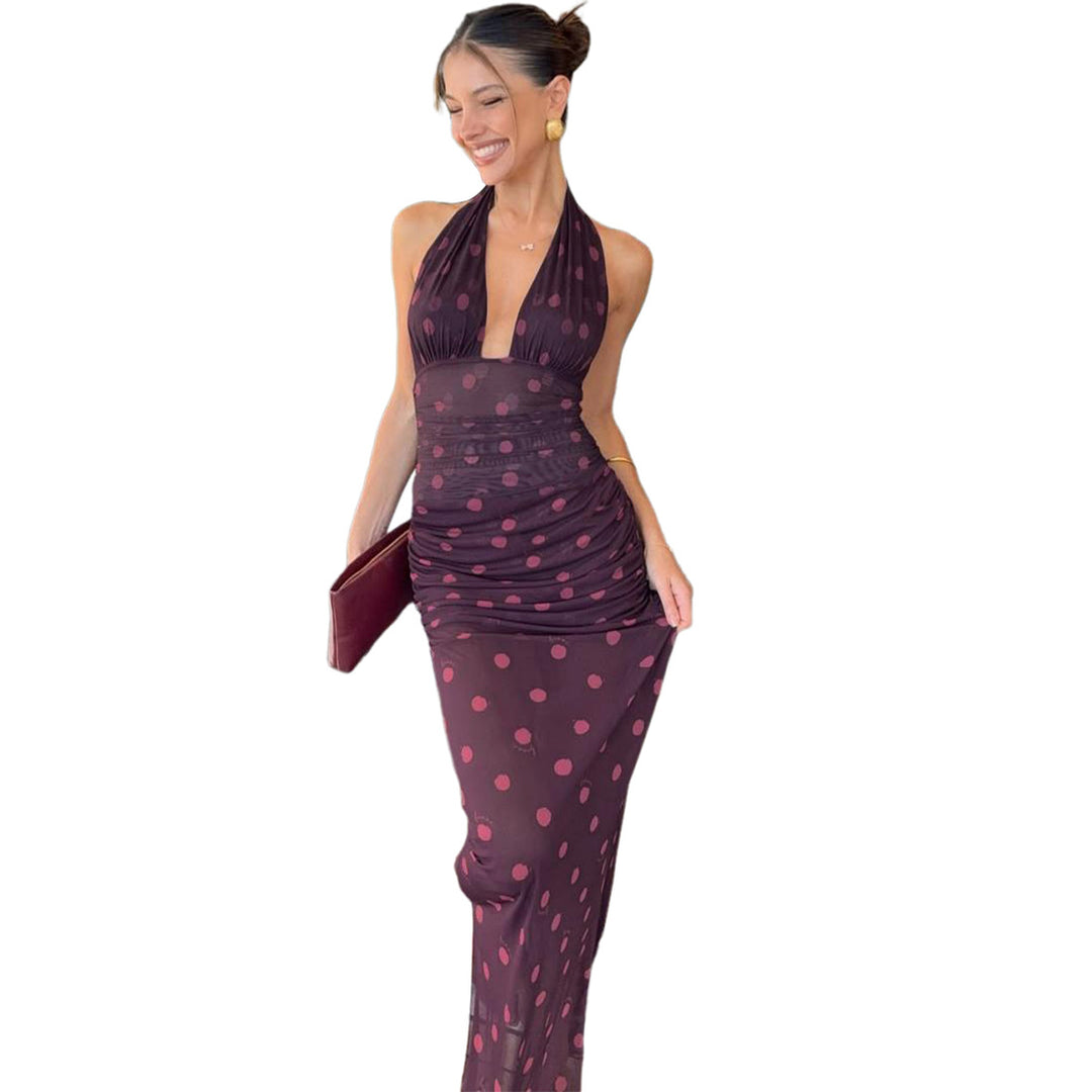 Damen Elegantes Maxikleid im Polka-Dots Design mit tiefem V-Ausschnitt und taillierter Silhouette Echo Archiv