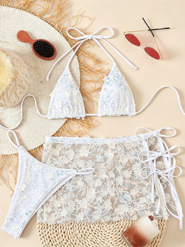 Damen Blumenmuster Triangel-Bikini mit transparentem Überrock Echo Archiv