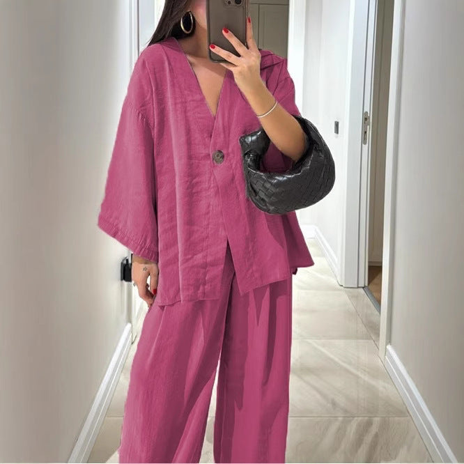 Damen nan lockeres Leinenoptik-Zweiteiler mit Kimono-Blazer und weitem Palazzo-Hose Echo Archiv