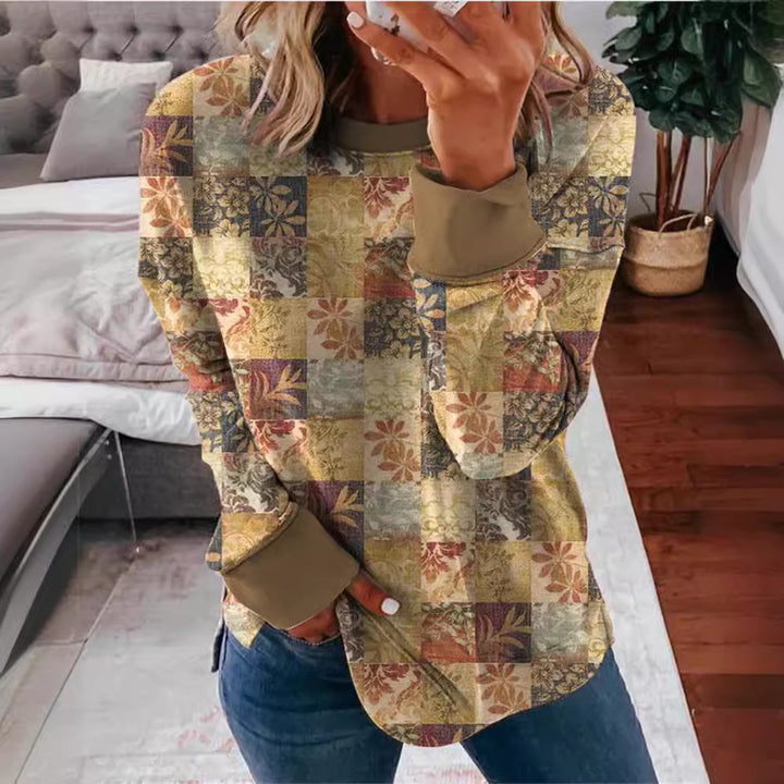 Damen Langarmshirt im Patchwork-Quilt-Design mit weichem Rundhalsausschnitt und kontrastierenden Bündchen – Élovi