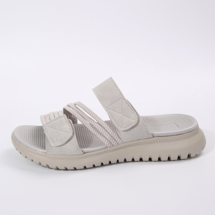 Damen Komfort-Pantolette mit verstellbaren Klettriemen, elastischen Zierbändern und stoßdämpfender Profilsohle Echo Archiv