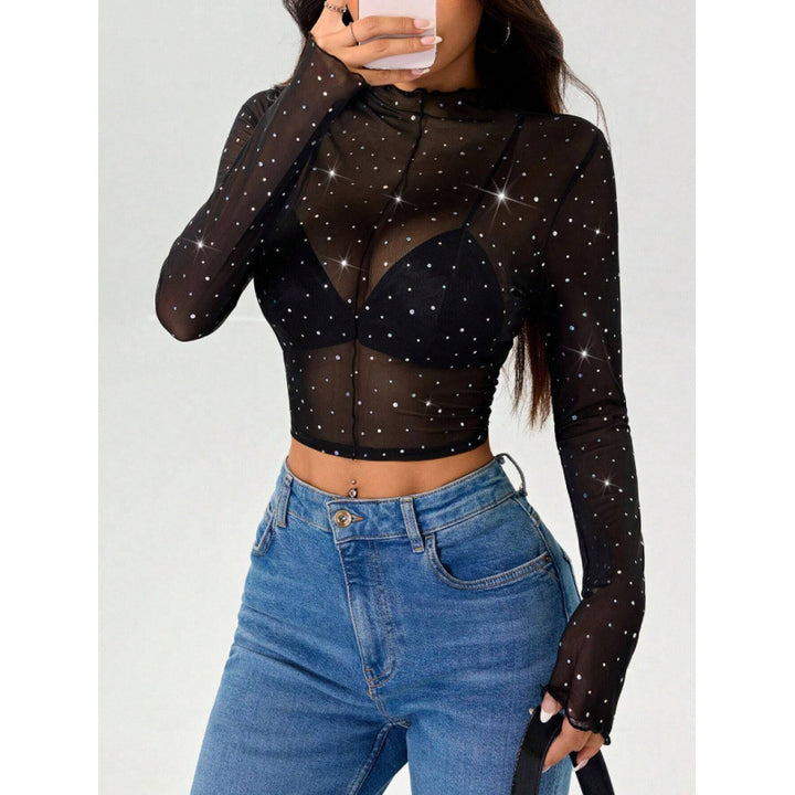 Damen Sexy Crop-Top aus transparentem Netz mit funkelnden Akzenten Echo Archiv