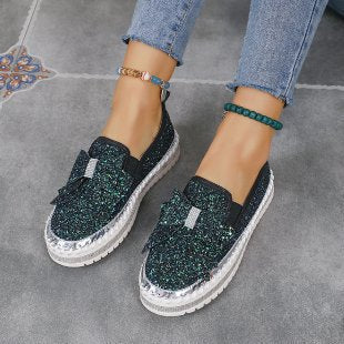 Damen Glitzer-Plateau-Slipper mit Schleifenapplikation und profilierter Komfortsohle Echo Archiv