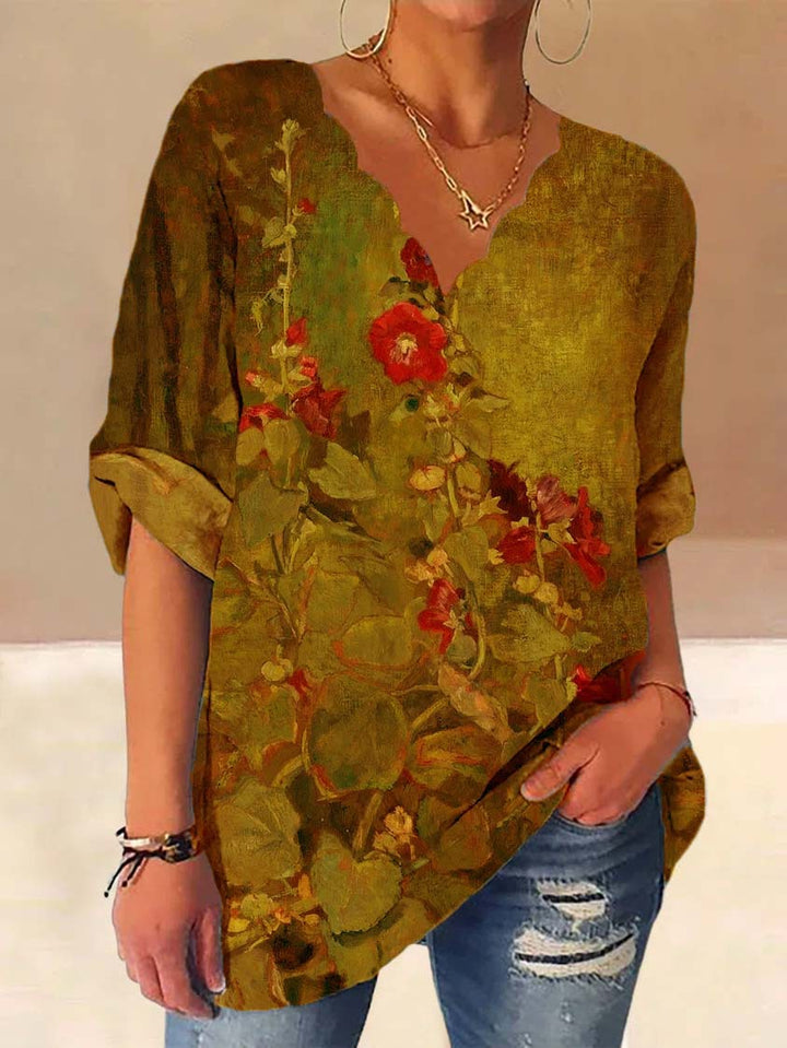 Damen Lockere Bluse mit Welligem V-Ausschnitt und Aquarell Floral Print – Élovi