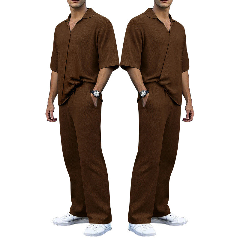 Herren lässiges Strickanzug-Set mit Polohemd und weitem Bein Echoarchiv