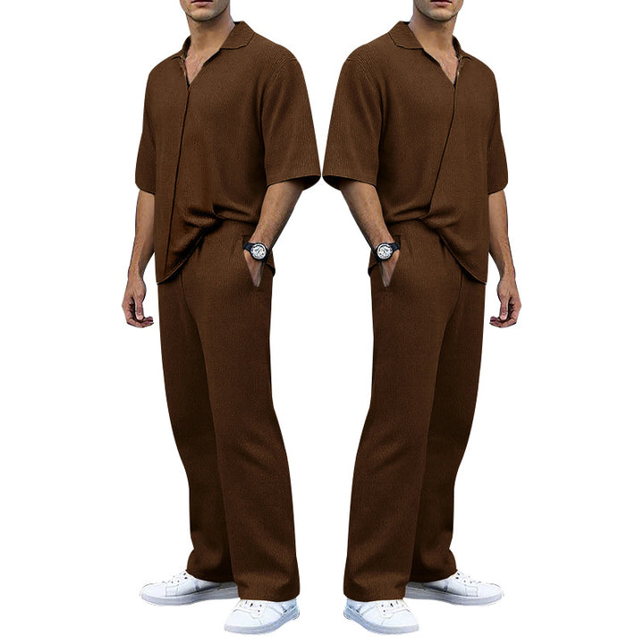 Herren lässiges Strickanzug-Set mit Polohemd und weitem Bein Echoarchiv