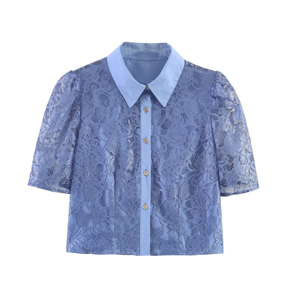 Damen Transparente Spitzenbluse mit Hemdkragen und Puffärmeln Echoarchiv