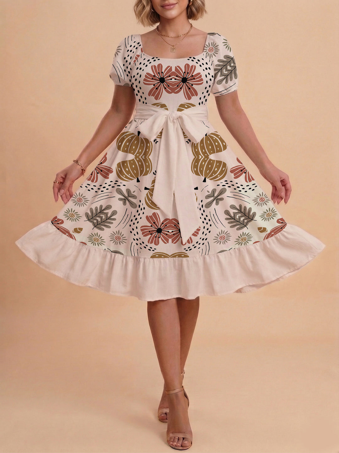 Damen Sommerkleid mit floralem Puffärmel und taillierbarem Gürtel Echo Archiv