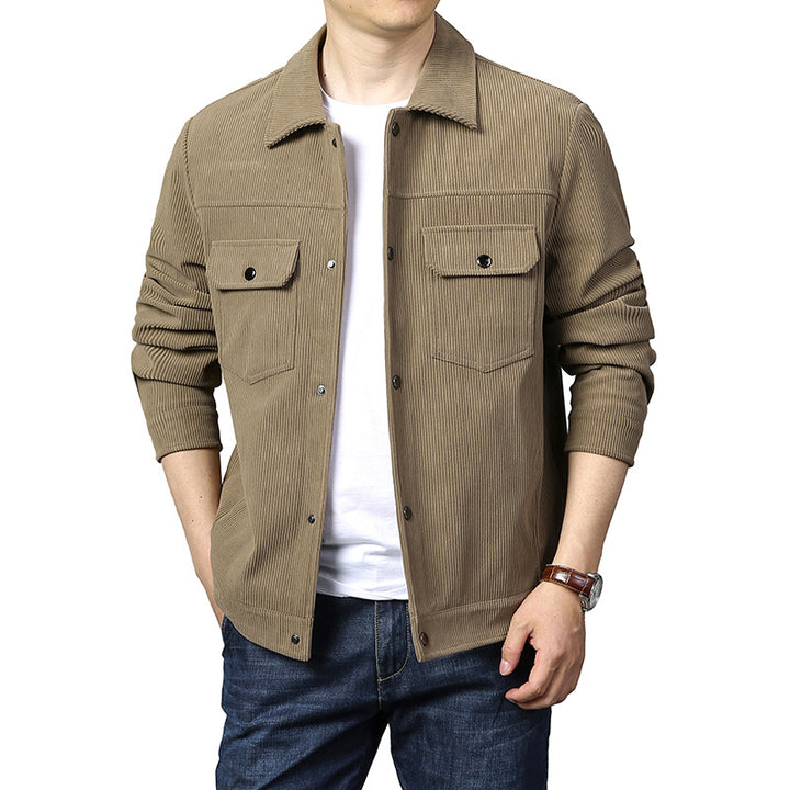 Herren Cord-Workerjacke im Truckerstil mit Druckknopfverschluss und Pattentaschen Echoarchiv