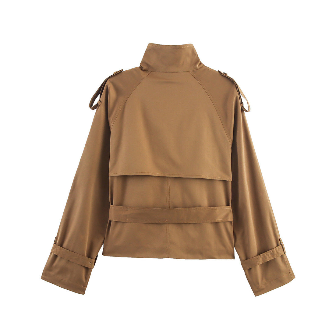 Damen Kurzer Doppelreiher Trench‑Blouson mit hohem Stehkragen, Schulterriegeln und Taillengürtel Echo Archiv