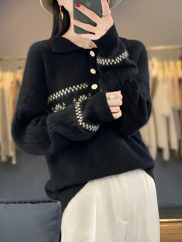 Damen Oversize-Polokragen-Strickpullover mit Norweger‑Motiv und Raglanärmeln Echoarchiv