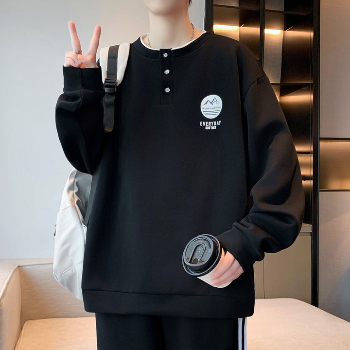 Herren lässiger Langarmpullover mit Knopf und gesticktem Motiv Echoarchiv