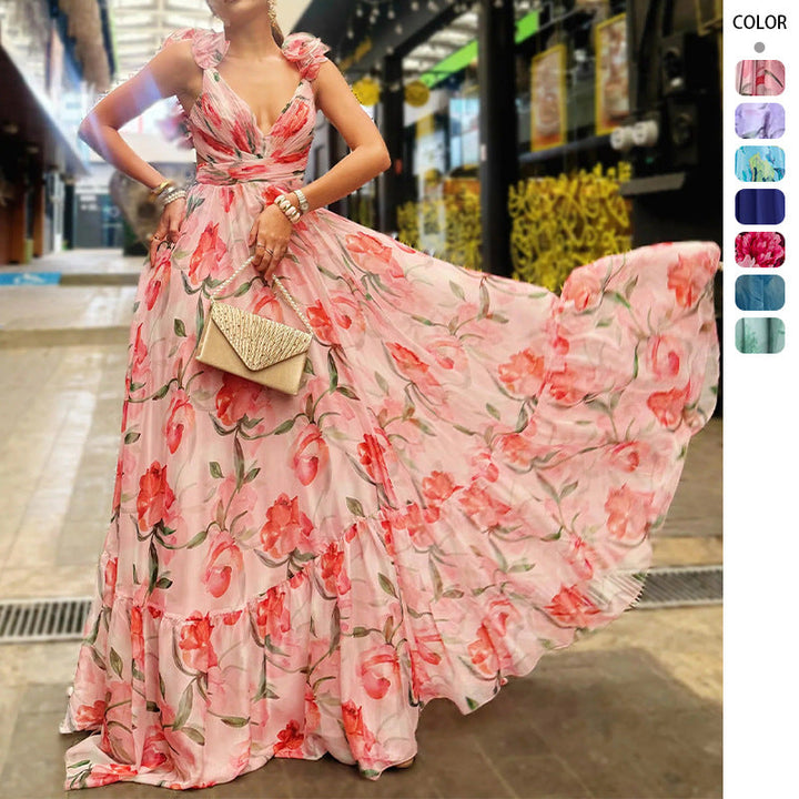 Damen Maxikleid mit luftigen Rüschendetails und ausgefallenem Wickeldesign Echoarchiv
