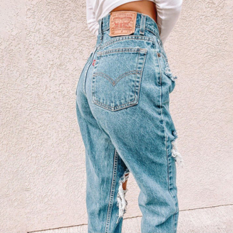 Damen Vintage High-Waist Destroyed Jeans mit fransigen Details Echo Archiv