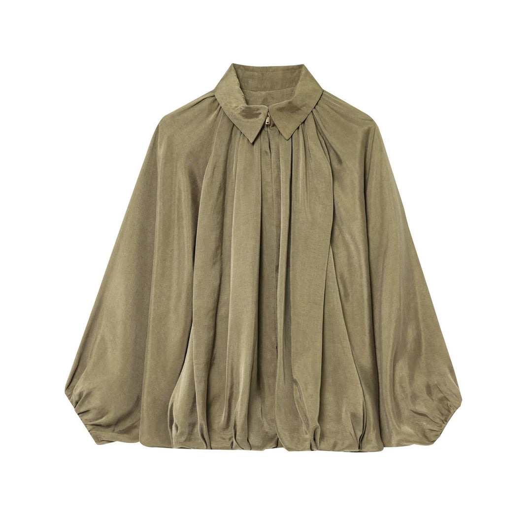 Damen weit geschnittene Cape-Bluse mit durchgehendem Reißverschluss, balloniertem Saum und gerafften Ärmeln – Élovi