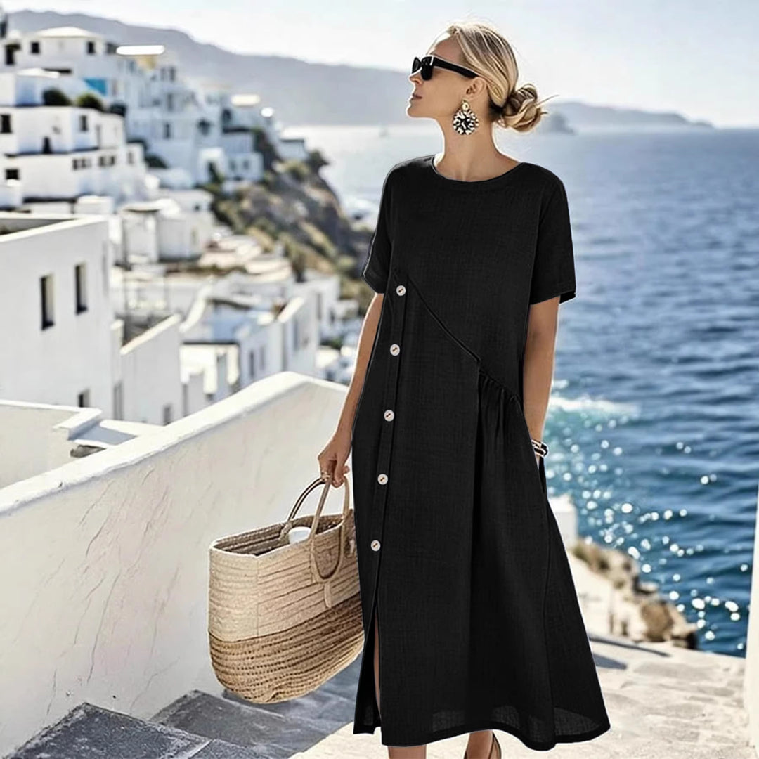 Damen Luftiges Sommerkleid mit seitlicher Knopfleiste, kurzen Ärmeln und Schlitz – Lunéa
