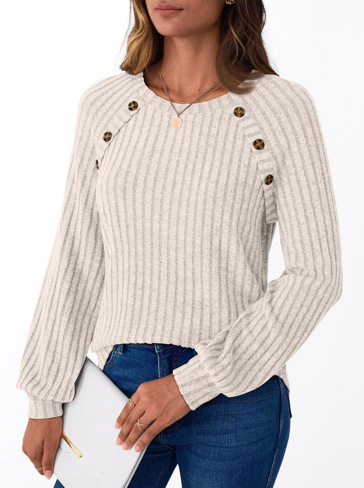 Damen Gerippter Strickpullover mit Zierknopfleiste an Raglanärmeln Echoarchiv