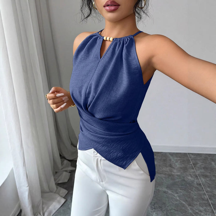 Damen Ärmelloses Twist-Halstops mit Holzperlen und asymmetrischem Saum – Avérine