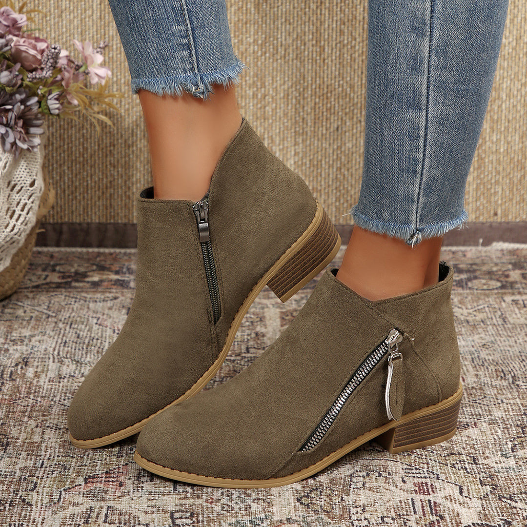 Damen Moderne Kurzschaft-Stiefelette mit sichtbarem Metallreißverschluss und niedriger Holzoptik-Blocksohle – Varelle