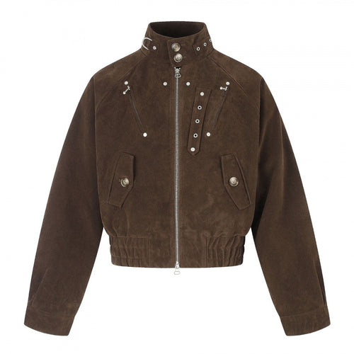 Damen Kurz geschnittene Wildleder‑Bomberjacke mit hohem Stehkragen, Metall‑Applikationen und elastischem Taillenbund Echo Archiv