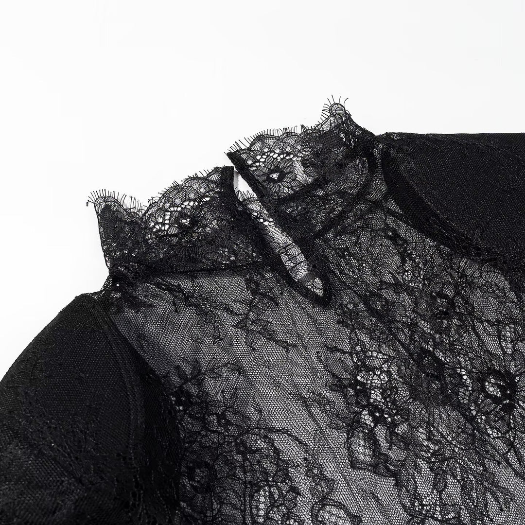 Damen transparente Spitzenbluse mit Stehkragen, Trompetenärmeln und Spitzensaum Echo Archiv
