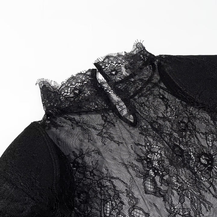 Damen transparente Spitzenbluse mit Stehkragen, Trompetenärmeln und Spitzensaum Echo Archiv