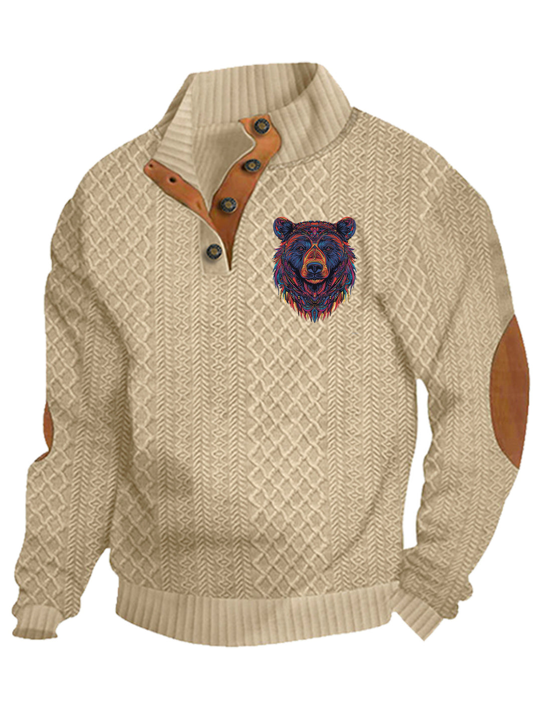 Herren nan Heritage-Strukturpullover mit Stehkragen Lederimitat-Besatz Ellenbogen-Patches und Halbknopfleiste Echo Archiv