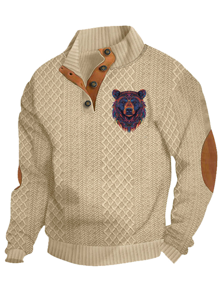Herren nan Heritage-Strukturpullover mit Stehkragen Lederimitat-Besatz Ellenbogen-Patches und Halbknopfleiste Echo Archiv