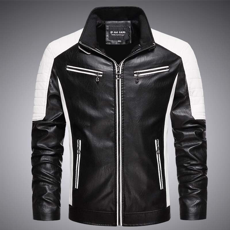 Herren Biker-Lederimitatjacke im Racing-Stil mit Stehkragen und Reißverschlusstaschen Echoarchiv