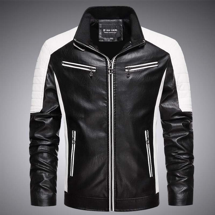 Herren Biker-Lederimitatjacke im Racing-Stil mit Stehkragen und Reißverschlusstaschen Echoarchiv
