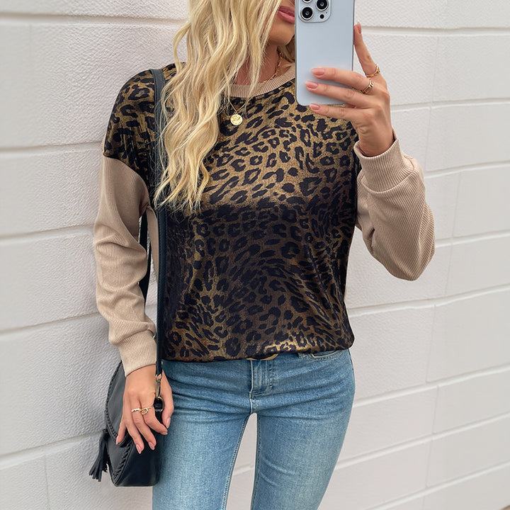 Damen Leichter Glänzender Leo-Strickpullover mit Kontrast-Rippärmeln Echoarchiv
