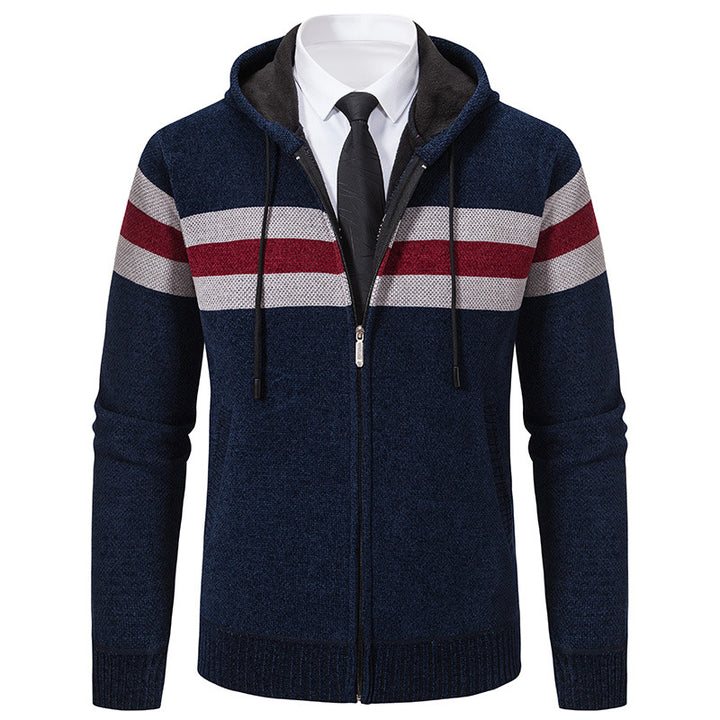 Herren Gestrickte Kapuzen-Strickjacke mit Kontraststreifen und Reißverschluss Echo Archiv