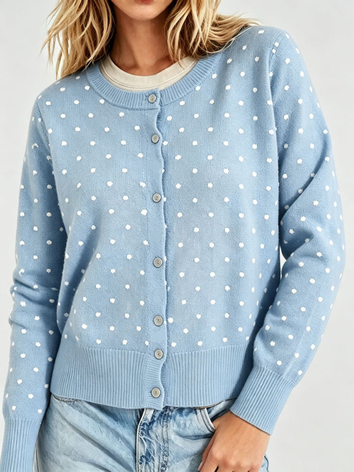 Damen Gepunktete Feinstrick-Cardigan mit Rundhals und Rippbündchen – Veloura