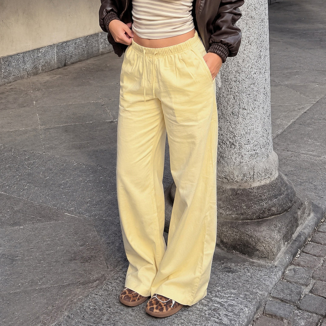 Damen Leinen-Loungehose mit weitem Bein, Tunnelzug und Seitentaschen – Avélisse